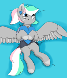 Size: 2480x2859 | Tagged: safe, artist:frilanka, derpibooru import, oc, oc only, oc:shirley flow, pegasus, pony, art trade, clothes, female, glasses, heart, holding, hug, looking sideways, lying down, mare, oda 1997, on back, pegasus oc, pillow, pillow hug, skirt, solo, wings