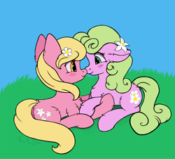 Size: 2106x1905 | Tagged: safe, artist:aquamuro, derpibooru import, daisy, flower wishes, lily, lily valley, earth pony, pony, art trade, background pony, blushing, chest fluff, cute, duo, ear fluff, ears, female, floppy ears, flower, flower in hair, fluffy, holding hooves, looking at each other, looking at someone, mare, shipping, signature, simple background