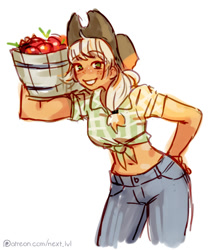 Size: 691x800 | Tagged: safe, artist:next-lvl, derpibooru import, applejack, human, apple, barrel, clothes, denim, female, food, front knot midriff, humanized, jeans, midriff, pants, shirt, simple background, solo, white background