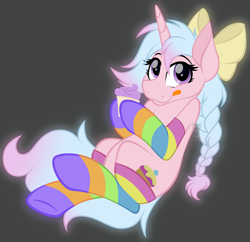 Size: 3859x3730 | Tagged: safe, artist:feather_bloom, derpibooru import, oc, oc only, oc:cupcake swirl, pony, unicorn, art trade, belly, bow, braid, clothes, cupcake, food, gray background, hair bow, simple background, socks, solo, striped socks, tongue, tongue out