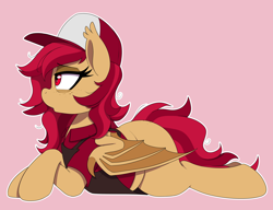 Size: 2600x2000 | Tagged: safe, artist:thebatfang, derpibooru import, oc, oc only, oc:swing shift, bat pony, pony, apron, bat pony oc, bat wings, cap, clothes, female, freckles, hat, lying down, mare, messy mane, pink background, prone, sheetz, shirt, simple background, solo, the ass was fat, tired, white outline, wings