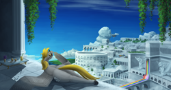 Size: 4200x2200 | Tagged: safe, artist:stray prey, derpibooru import, derpy hooves, pegasus, pony, airship, background pony, bubble butt, butt, cloud, cloudiseum, cloudsdale, derp, detailed background, frog (hoof), large butt, lighting, liquid rainbow, looking at you, looking back, looking back at you, lying down, outdoors, plot, prone, scenery, scenery porn, shading, shadow, sky, solo, solo focus, spread wings, sunglasses, thighs, thunder thighs, underhoof, wing gesture, wings