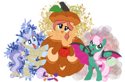 Size: 1280x842 | Tagged: safe, artist:monochrome-sunsets, derpibooru import, oc, oc only, oc:iris, oc:irish bell, oc:witch hazel, pegasus, unicorn, candy, clothes, costume, female, food, halloween, holiday, jack-o-lantern, leaves, mare, mummy costume, nightmare night costume, pumpkin, pumpkin bucket, simple background, transparent background