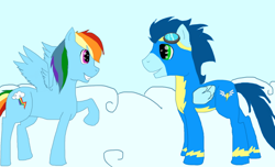 Size: 750x457 | Tagged: safe, artist:xxbluerazxx, derpibooru import, rainbow dash, soarin', pegasus, pony, clothes, female, male, mare, shipping, soarindash, stallion, straight, uniform, wonderbolts uniform