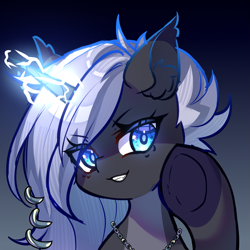 Size: 1457x1457 | Tagged: safe, artist:alus, derpibooru import, oc, oc only, oc:penumbra shard, unicorn, bust, female, horn, looking at you, magic, portrait, smiling, smiling at you, solo, unicorn oc