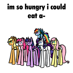 Size: 1920x1920 | Tagged: safe, artist:itzf1ker1, derpibooru import, applejack, fluttershy, pinkie pie, rainbow dash, rarity, twilight sparkle, twilight sparkle (alicorn), alicorn, earth pony, pegasus, pony, unicorn, bad choice of words, horse puns, mane six, simple background, white background