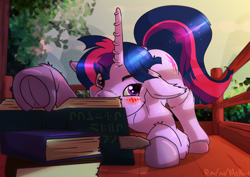 Size: 3508x2480 | Tagged: safe, artist:rainihorn, derpibooru import, twilight sparkle, unicorn twilight, unicorn, blushing, book, ears, floppy ears, mlp fim's thirteenth anniversary, solo