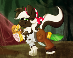 Size: 2500x2000 | Tagged: safe, artist:euspuche, derpibooru import, oc, oc only, oc:zenawa skunkpony, earth pony, hybrid, skunk, skunk pony, amputee, bandana, belt, bracelet, candy, claws, clothes, colt, costume, cute, earth pony oc, eyepatch, foal, food, halloween, halloween costume, holiday, hybrid oc, jewelry, looking at you, male, mouth hold, nightmare night, outdoors, pants, paw pads, paws, peg leg, pirate, prosthetic leg, prosthetic limb, prosthetics, pumpkin, pumpkin bucket, raised hoof, raised leg, shirt, smiling, solo, sword, torn clothes, tree, trick or treat, underpaw, unshorn fetlocks, walking, weapon
