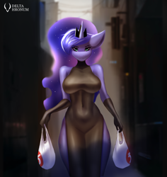 Size: 1630x1728 | Tagged: safe, artist:delta hronum, derpibooru import, princess luna, alicorn, anthro, big breasts, breasts, butt, city, clothes, crown, dress, evening gloves, gloves, groceries, hips, jewelry, large butt, long gloves, looking at you, mommy, package, regalia, solo