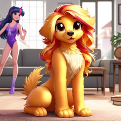 Size: 1024x1024 | Tagged: safe, ai content, derpibooru import, machine learning generated, sunset shimmer, twilight sparkle, dog, human, chest fluff, clothes, dogified, duo, female, horn, horned humanization, human female, humanized, indoors, leg fluff, leotard, looking at you, sitting, smiling, smiling at you, solo focus, species swap, tongue, tongue out, wrong eye color