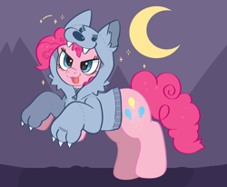 Size: 2732x2252 | Tagged: safe, artist:spookyfoxinc, derpibooru import, pinkie pie, earth pony, werewolf, wolf, clothes, costume, crescent moon, cute, diapinkes, female, halloween, halloween costume, holiday, hoodie, looking at you, mare, moon, night, open mouth, roar, solo