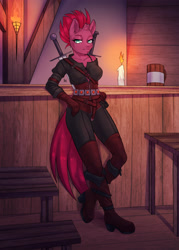 Size: 2598x3638 | Tagged: safe, artist:rensakai, derpibooru import, tempest shadow, anthro, unicorn, boots, clothes, shoes, sword, tavern, weapon, witcher
