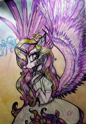 Size: 1078x1552 | Tagged: safe, artist:hysteriana, derpibooru import, princess cadance, alicorn, pony, semi-anthro, baroque, beautiful, bust, choker, clothes, crown, curly hair, curly mane, decoration, detailed, dress, feather, feathered wings, jewelry, magic, magic aura, makeup, old art, ornament, pattern, princess, regalia, rococo, royalty, spread wings, traditional art, wings