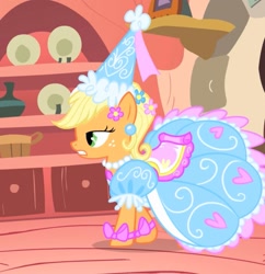 Size: 1117x1152 | Tagged: safe, derpibooru import, screencap, applejack, earth pony, pony, look before you sleep, season 1, annoyed, applejack also dresses in style, clothes, cropped, dress, female, froufrou glittery lacy outfit, golden oaks library, gown, mare, princess applejack, solo