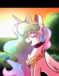 Size: 1590x2048 | Tagged: safe, artist:lrusu, derpibooru import, princess celestia, alicorn, pony, blush sticker, blushing, chest fluff, colored eyelashes, crown, ear fluff, ears, ethereal mane, female, folded wings, jewelry, looking at you, mare, peytral, regalia, solo, sparkly mane, tiara, wings