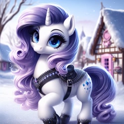 Size: 1024x1024 | Tagged: safe, ai content, machine learning generated, rarity, pony, unicorn, bing, female, looking at you, mare, ponyville, saddle, snow, solo, tack, winter
