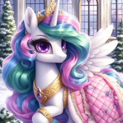 Size: 1024x1024 | Tagged: safe, ai content, machine learning generated, princess celestia, alicorn, pony, bing, canterlot, clothes, female, looking at you, mare, regalia, snow, solo, winter outfit