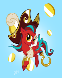 Size: 1638x2048 | Tagged: safe, artist:brdte, derpibooru import, oc, oc only, oc:samantha, pegasus, pony, amputee, coin, female, gradient background, hat, hook, looking at you, mare, non-mlp oc, open mouth, open smile, peg leg, pirate, pirate hat, ponified, prosthetic leg, prosthetic limb, prosthetics, signature, smiling, smiling at you, solo, species swap