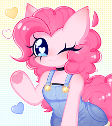 Size: 2232x2504 | Tagged: safe, artist:arwencuack, derpibooru import, pinkie pie, earth pony, pony, semi-anthro, blushing, clothes, cute, female, heart, heart eyes, hoof heart, one eye closed, overalls, solo, underhoof, wingding eyes, wink