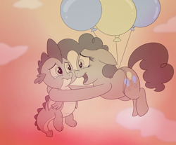 Size: 3500x2900 | Tagged: safe, artist:rupert, derpibooru import, pinkie pie, spike, dragon, earth pony, pony, series:spiketober: rupert style, balloon, cloud, crying, cute, diapinkes, duo, ears, fangs, female, floating, floppy ears, holding, holding a dragon, male, monochrome, puppy dog eyes, shipping fuel, sky, smiling, spikabetes, spikelove, tears of joy, teary eyes, then watch her balloons lift her up to the sky, winged spike, wings