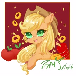 Size: 4093x4093 | Tagged: safe, artist:co306012, derpibooru import, applejack, earth pony, pony, bust, chinese new year, cute, jackabetes, smiling, solo