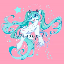 Size: 4093x4093 | Tagged: safe, artist:co306012, derpibooru import, earth pony, pony, anime, female, hatsune miku, kotobukiya, kotobukiya hatsune miku pony, mare, pink background, ponified, simple background, smiling, solo, species swap, vocaloid