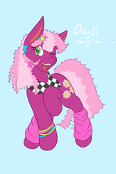 Size: 1365x2048 | Tagged: safe, artist:mscolorsplash, derpibooru import, cheerilee, earth pony, pony, 80s, 80s cheerilee, blue background, braces, clothes, female, leg warmers, mare, one eye closed, open mouth, open smile, ponytober, simple background, smiling, solo