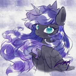 Size: 2048x2048 | Tagged: safe, artist:co306012, derpibooru import, princess luna, alicorn, pony, bust, chest fluff, crown, female, head turn, jewelry, looking at you, mare, regalia, simple background, sitting, smiling, smiling at you, solo