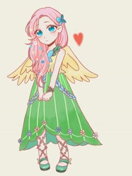 Size: 2598x3464 | Tagged: safe, artist:梦的边界, derpibooru import, fluttershy, human, clothes, dress, hairpin, heart, humanized, looking at you, simple background, smiling, solo, winged humanization, wings