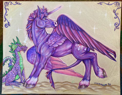 Size: 2182x1689 | Tagged: safe, artist:unacctmango, derpibooru import, part of a set, spike, twilight sparkle, twilight sparkle (alicorn), alicorn, dragon, horse, g4, colored pencil drawing, duo, duo male and female, female, hoers, leonine tail, male, mare, rectangular pupil, signature, tail, traditional art, unshorn fetlocks, wingless spike