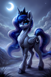 Size: 1376x2064 | Tagged: safe, ai content, derpibooru import, generator:stable diffusion, machine learning generated, princess luna, alicorn, pony, crown, ethereal mane, eyelashes, eyeshadow, female, folded wings, jewelry, makeup, mare, moonlight, night, regalia, sky, solo, wings