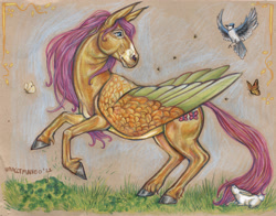 Size: 2166x1701 | Tagged: safe, artist:unacctmango, derpibooru import, part of a set, fluttershy, bird, blue jay, butterfly, horse, pegasus, rabbit, g4, animal, colored pencil drawing, female, hoers, mare, signature, solo, traditional art, unshorn fetlocks
