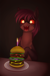 Size: 2000x3000 | Tagged: safe, alternate version, artist:stray prey, derpibooru import, oc, oc only, oc:spring tide, original species, shark, shark pony, burger, candle, eating, female, food, loss (meme), meat, open mouth, ponies eating meat, sharp teeth, solo, teeth, uvula, volumetric mouth