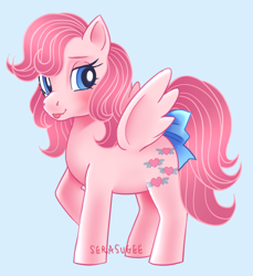 Size: 776x849 | Tagged: safe, artist:serasugee, derpibooru import, heart throb, pegasus, pony, g1, bow, female, light blue background, mare, pink fur, pink mane, simple background, solo, tongue, tongue out