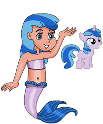 Size: 715x856 | Tagged: safe, artist:ocean lover, derpibooru import, human, mermaid, pony, unicorn, g4, bandeau, bare midriff, bare shoulders, belly, belly button, blue eyes, blue hair, child, cute, female, filly, fins, fish tail, foal, happy, horn, human coloration, humanized, long hair, looking up, mermaid tail, mermaidized, midriff, ms paint, reference, simple background, sleeveless, smiling, species swap, star dreams, swimming, tail, tail fin, tan skin, two toned hair, vector, white background