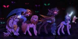 Size: 4000x2000 | Tagged: safe, artist:periwinklechick, derpibooru import, oc, oc only, oc:angelite, oc:bijouterie, oc:crescent moon, oc:crème puff pie-sandwich, oc:journey, alicorn, changepony, earth pony, hybrid, pony, alicorn oc, eyes in the dark, female, forest, glowing, glowing eyes, glowing horn, high res, horn, interspecies offspring, levitation, magic, male, map, mare, offspring, parent:ahuizotl, parent:cheese sandwich, parent:daring do, parent:discord, parent:pharynx, parent:pinkie pie, parent:princess cadance, parent:princess luna, parent:rarity, parent:shining armor, parents:cheesepie, parents:darizotl, parents:lunacord, parents:pharity, parents:shiningcadance, stallion, telekinesis, wings