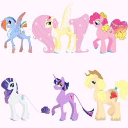 Size: 2048x2048 | Tagged: safe, artist:texacity, derpibooru import, applejack, fluttershy, pinkie pie, rainbow dash, rarity, twilight sparkle, classical unicorn, earth pony, pegasus, pony, unicorn, alternate design, chest fluff, colored hooves, colored wings, female, flower, flower in hair, flower in tail, freckles, glasses, gradient legs, gradient wings, horn, leonine tail, mane six, mare, pale belly, spread wings, tail, unshorn fetlocks, wings