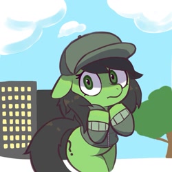 Size: 1329x1327 | Tagged: safe, artist:deerie, derpibooru import, oc, oc only, oc:anon filly, earth pony, pony, baseball cap, cap, clothes, earth pony oc, female, filly, foal, hat, jacket, outdoors, scared, snow, solo