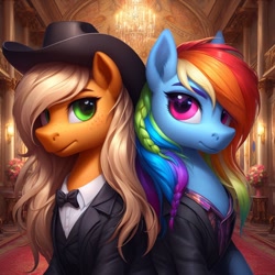 Size: 1024x1024 | Tagged: safe, ai content, machine learning generated, applejack, rainbow dash, earth pony, pegasus, pony, anatomically incorrect, back to back, bing, braid, clothes, cowboy hat, duo, ear fluff, ears, female, mare, palace, suit