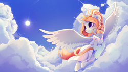 Size: 3840x2160 | Tagged: artist needed, source needed, safe, derpibooru import, oc, oc only, oc:p.p.a, alicorn, pony, alicorn oc, bow, clothes, cloud, crown, dress, flying, gown, hair bow, horn, jewelry, regalia, sky, solo, sun, wings