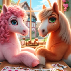 Size: 1024x1024 | Tagged: safe, ai content, machine learning generated, applejack, pinkie pie, earth pony, pony, applepie, bing, coat markings, female, fluffy, heart, hoers, holding hooves, lesbian, mare, playing card, ponyville, semi-realistic, shipping, unshorn fetlocks, window