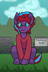 Size: 780x1168 | Tagged: safe, artist:brushwork, derpibooru import, oc, oc:charming dazz, unicorn, commission, fountain of youth, mountain, red sweatshirt, sign, solo, stone wall, ych result