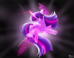 Size: 1024x811 | Tagged: safe, artist:petaltwinkle, derpibooru import, twilight sparkle, unicorn twilight, pony, unicorn, artificial wings, augmented, female, flying, glowing, glowing horn, horn, magic, magic wings, mare, signature, smiling, solo, sunburst background, wings