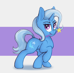 Size: 1258x1232 | Tagged: safe, artist:terra0940, derpibooru exclusive, derpibooru import, trixie, pony, unicorn, eyebrows, female, looking at you, mare, mouth hold, raised hoof, raised leg, shadow, simple background, smiling, smiling at you, smirk, solo, wand