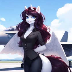 Size: 1024x1024 | Tagged: safe, ai content, derpibooru import, machine learning generated, oc, oc:géraldine starlight, alicorn, anthro, beautiful, f/a-18 hornet, jet, jet fighter, looking at you, machine learning, plane, smiling, smiling at you, solo, wings