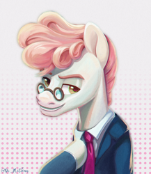 Size: 1300x1497 | Tagged: safe, artist:askometa, derpibooru import, queen chrysalis, svengallop, changeling, changeling queen, earth pony, pony, collaboration, bust, clothes, collaboration:meet the best showpony, glasses, looking at you, male, necktie, portrait, simple background, smiling, smirk, solo, stallion