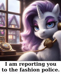 Size: 1024x1246 | Tagged: safe, ai content, machine learning generated, rarity, pony, unicorn, anatomically incorrect, bing, eyeshadow, fashion police, female, fluffy, mare, ponyville, rarity is not amused, reaction image, solo, telephone, text, text edit, window
