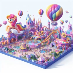 Size: 1024x1024 | Tagged: safe, ai content, derpibooru import, generator:dall-e 3, pinkie pie, hot air balloon, theme park