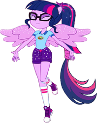 Size: 529x670 | Tagged: safe, derpibooru import, edit, edited screencap, editor:incredibubbleirishguy, screencap, sci-twi, twilight sparkle, alicorn, human, equestria girls, legend of everfree, ^^, alicornified, background removed, beautiful, camp everfree outfits, clothes, cute, eyes closed, eyeshadow, free, glasses, large wings, long socks, makeup, ponied up, pony ears, ponytail, purple eyeshadow, race swap, scitwilicorn, shorts, simple background, solo, spread wings, sweet dreams fuel, transformation, transparent background, twiabetes, wings