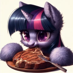 Size: 1024x1024 | Tagged: safe, ai content, derpibooru import, generator:bing image creator, machine learning generated, twilight sparkle, pony, ambiguous race, blushing, ear fluff, ears, eating, female, fluffy, food, fork, guilty, mare, meat, omnivore, omnivore twilight, ponies eating meat, simple background, solo, steak